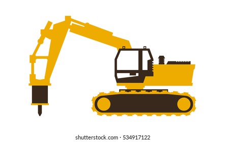 Icon excavator with his hammer. Construction machinery. Vector illustration. Flat style. 