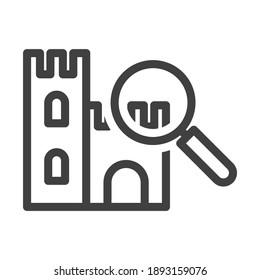 Icon excursions to historical sites. Simple linear image of the lock with a magnifying glass directed at him. Isolated vector on white background.