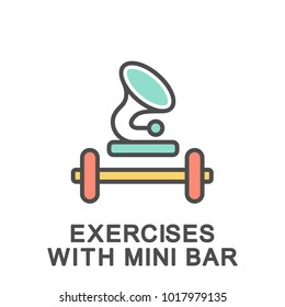 Icon exercises with mini bar. Exercises are performed in high tempo to music with a mini bar. The thin contour lines with color fills.