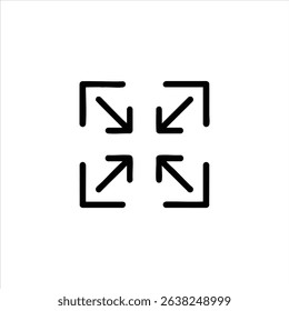An icon for exiting fullscreen mode, with four arrows pointing inwards towards the center. Represents minimizing the view. Isolated on a white background.