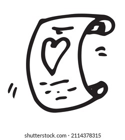 the icon is an expanded scroll with a heart. hand-drawn manuscript in doodle style, black isolated outline with heart and strokes on white for Valentine's day design template