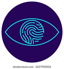 Icon of an eye with a fingerprint inside. Vector pictogram with thin lines on a dark blue circular background. Symbolizes biometric authentication, identity verification, and digital security
