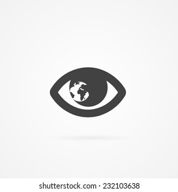 Icon of eye with globe inside. Shadow and white background.