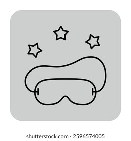 Icon of eye mask accompanied by stars, symbolizing comfort and rest. Health and well-being concept