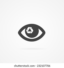 Icon of eye with recycle sign inside.