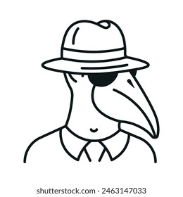 Icon of a face in a beak mask, in a spy hat, and in black glasses. Vector illustration made of thin black lines on a white background.