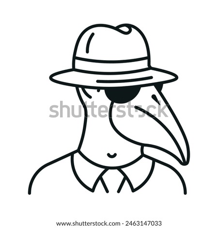 Icon of a face in a beak mask, in a spy hat, and in black glasses. Vector illustration made of thin black lines on a white background.