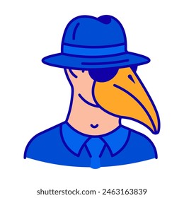 Icon of a face in a beak yellow mask, in a spy blue hat, and in glasses. Vector illustration made of thin dark blue lines on a white background.