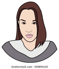 Icon. Face of beautiful girl with dark, short hair. Hairstyle.