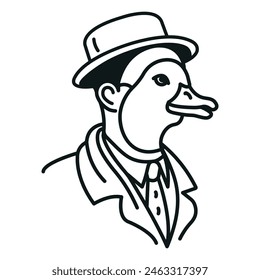 Icon of a face in a duck mask, in a spy hat, and in business suit. Vector illustration made of thin black lines on a white background.