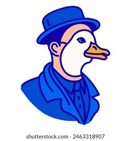Icon of a face in a duck mask, in a spy blue hat, and in business suit. Vector illustration made of thin dark blue lines on a white background.