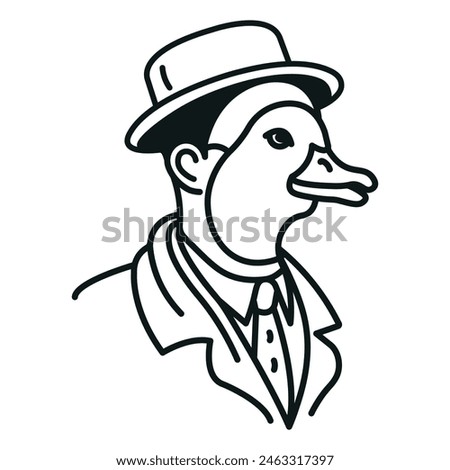 Icon of a face in a duck mask, in a spy hat, and in business suit. Vector illustration made of thin black lines on a white background.