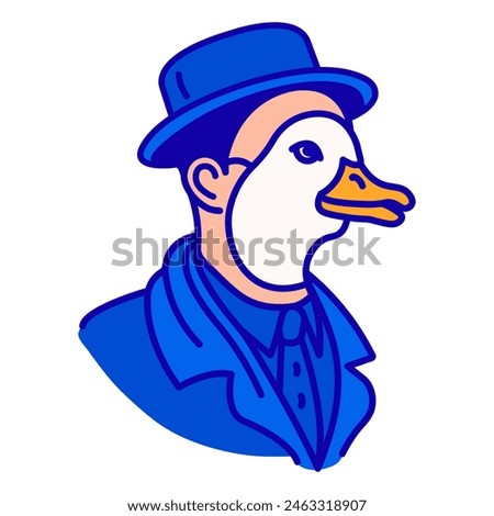 Icon of a face in a duck mask, in a spy blue hat, and in business suit. Vector illustration made of thin dark blue lines on a white background.