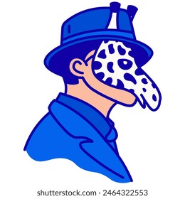 Icon of a face in a giraffe mask, in a spy blue hat, and in a business suit. Vector illustration made of thin dark blue lines on a white background