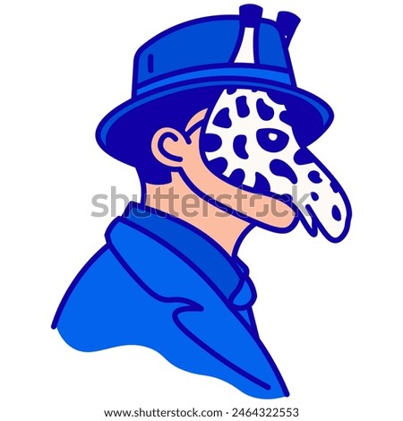 Icon of a face in a giraffe mask, in a spy blue hat, and in a business suit. Vector illustration made of thin dark blue lines on a white background