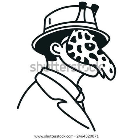 Icon of a face in a giraffe mask, in a suit and a hat. Vector illustration made of thin black lines on a white background