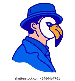 Icon of a face in a gull mask, in a spy blue hat, and in a business suit. Vector illustration made of thin dark blue lines on a white background