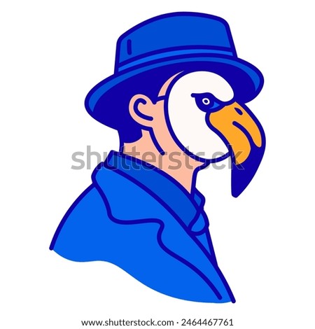Icon of a face in a gull mask, in a spy blue hat, and in a business suit. Vector illustration made of thin dark blue lines on a white background