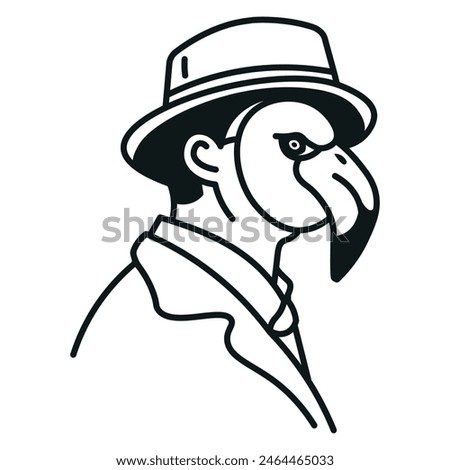 Icon of a face in a gull mask in a suit and a hat. Vector illustration made of thin black lines on a white background.