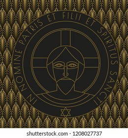 Icon with the face of Jesus in the art deco style. Vector illustration.