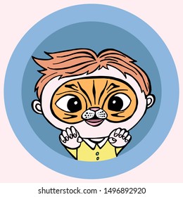 Icon face painting. Cartoon boy tiger. Can be used as stickers. Isolated image.