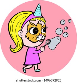 Icon face painting. Cartoon girl to inflate bubbles. Face painting cat. Can be used as stickers. Isolated image.