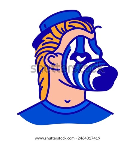 Icon of a face in a zebra mask and in a blue hat. Vector illustration made of thin dark blue lines on a white background.