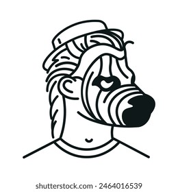 Icon of a face in a zebra mask and in a hat. Vector illustration made of thin black lines on a white background.