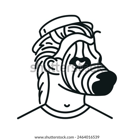 Icon of a face in a zebra mask and in a hat. Vector illustration made of thin black lines on a white background.