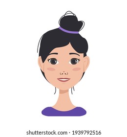 Icon of facial expressions avatars of an asian woman with dark hair. Different female emotions. Attractive cartoon character. Vector illustration