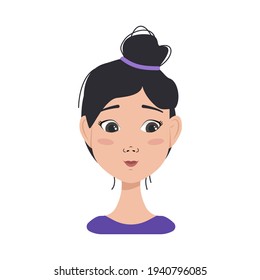 Icon of facial expressions avatars of an asian woman with dark hair. Different female emotions. Attractive cartoon character. Vector illustration