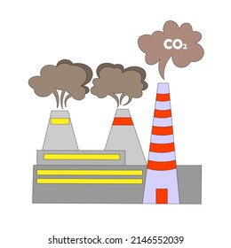 icon of factory, manufactory, industry with striped pipes, from which smoke and smog are coming. Atmospheric air pollution. carrier of toxic emissions, destroying planet with catastrophic emissions. 