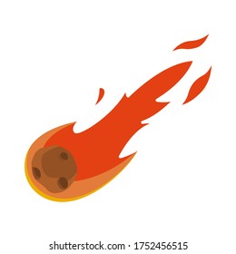 Icon of a falling and burning meteorite with a fiery tail. Isolated cartoon hand-drawn illustration on a pure white background. Color vector.