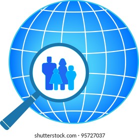 icon with family in magnifier on planet background