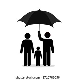 Icon of a family under an umbrella. Vector image of a man, woman and child safety.