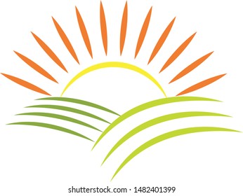 Icon of farm fields with a sun.