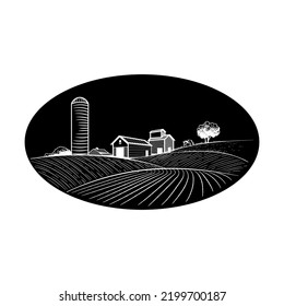 Icon farm and water tower in the fields. Agriculture, growing wheat, vegetables
