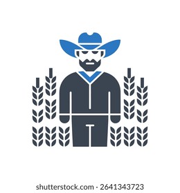 Icon of a farmer wearing a cowboy hat in a field of crops