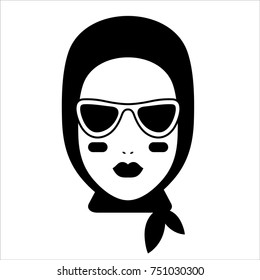 Icon fashion blogger. Logo of beauty salon, makeup artist. Black and white girl in sunglasses and scarf. Vector illustration