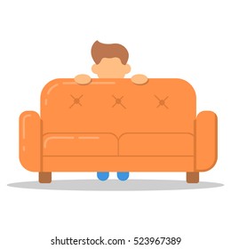 Icon with fashion hairstyle man fear on couch in room flat style. Vector logo character on sofa in cartoon style  illustration.