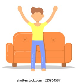 Icon with fashion hairstyle man happy on couch in room flat style. Vector logo character on sofa in cartoon style  illustration.