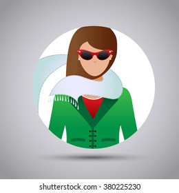 Icon fashionable woman in sunglasses and a scarf on a white background. Vector illustration