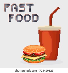 Icon Fast Food. Cola And Hamburger. 8bit. Pixel Art Style