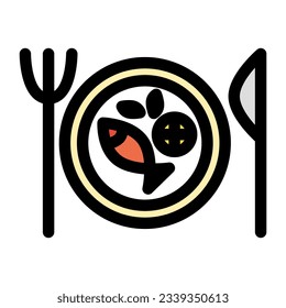The icon features a combination of utensils. It represents a dining experience that includes various seafood dishes and the tools used to enjoy them.