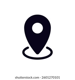 Icon features a geometric location pin with a circular base and a central dot. minimal and clear.