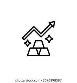 The icon features gold bars stacked with an arrow moving upwards, visually representing financial growth and successful investments. This symbol illustrates a positive market trend, potential for