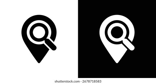 An icon features a location pin combined with a magnifying glass, symbolizing search, discovery, and location finding on a transparent backdrop.