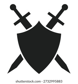 An icon featuring a bold black shield crossed by two swords. Perfect for heraldry themes, defense illustrations, or representing strength and protection designs.