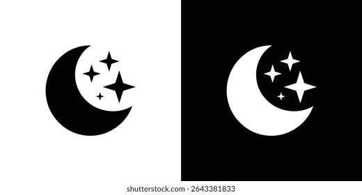 Icon featuring a crescent moon with three stars in both black on white and white on black versions. Simple design for night, celestial, or bedtime themes.