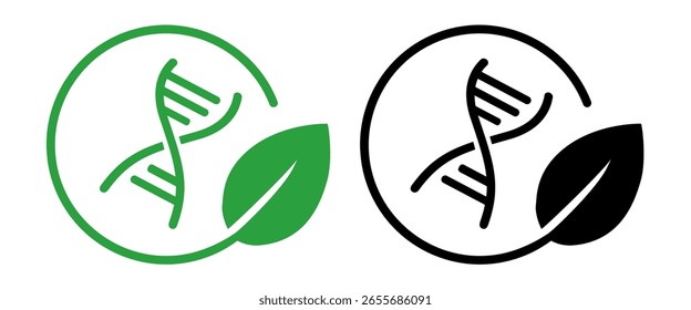 Symbol mit einer DNA-Helix-Struktur innerhalb eines kreisförmigen Rahmens grünes Blatt, das die gentechnische biotechnologische biologische Essenz der ökologischen Nachhaltigkeit darstellt